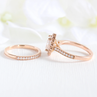 Oval cut moissanite with halo bridal band set 14k in rose gold