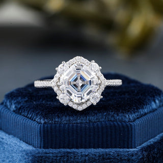 Asscher Diamond Halo Moissanite Engagement Ring