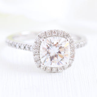 Cushion Cut Halo Pave Moissanite Ring With Diamond Band Ring