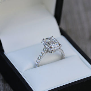 2.0CT Emerald Cut Moissanite Halo Pave Diamond Engagement Ring